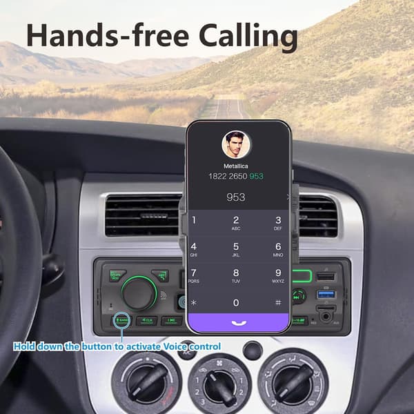 Bilradio 1-DIN med Bluetooth | Sort | App-styring | Telefonholder