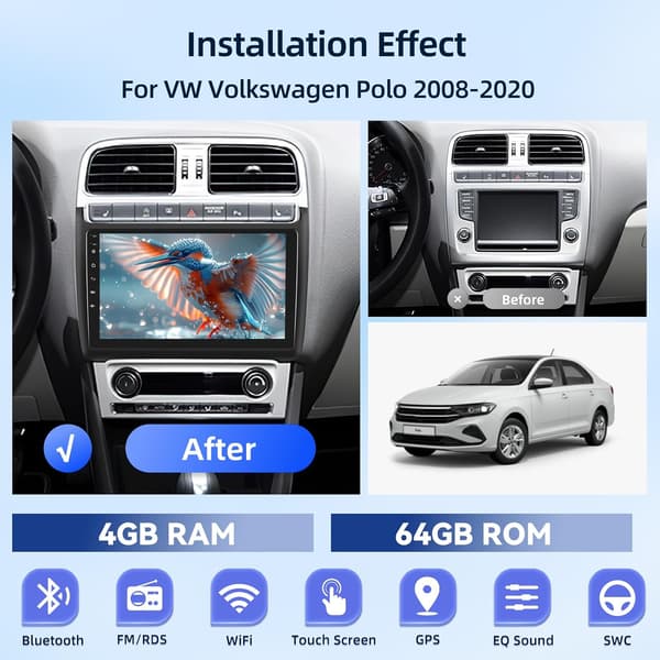 Bilradio Android 4G+64G | VW Polo 2008-2020 | 9 tommer IPS | CarPlay | Android Auto | GPS