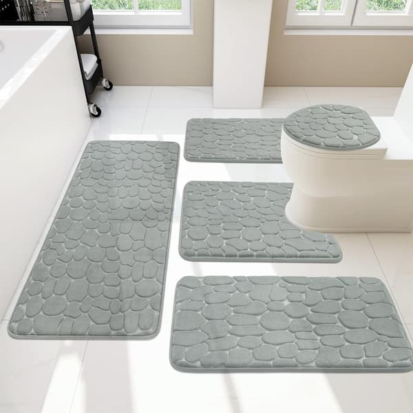 Badrumsmatta 5-delars set | Ljusgrå | Memory foam | Halkfri | Stenmönster