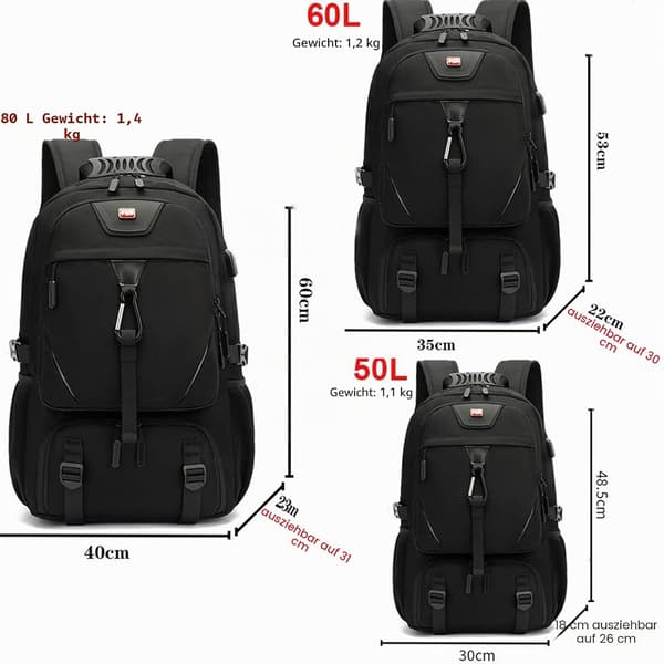 Vandrerygsæk stor | 60 liter | sort | rejsetaske til fly