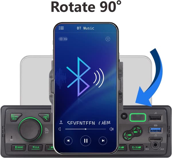 Bilradio 1-DIN med Bluetooth | Sort | App-styring | Telefonholder