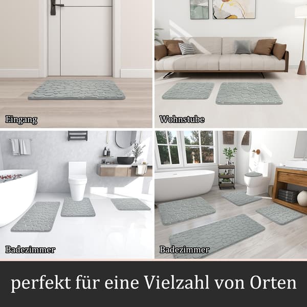 Badrumsmatta 5-delars set | Ljusgrå | Memory foam | Halkfri | Stenmönster