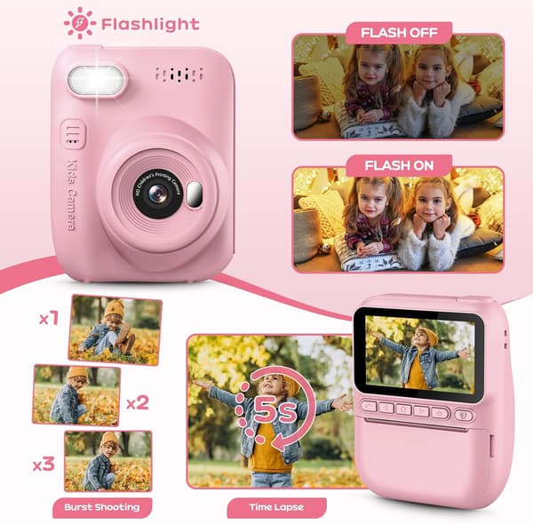 Digitalfoton kamera | rosa | direktutskrift | 3-tums display
