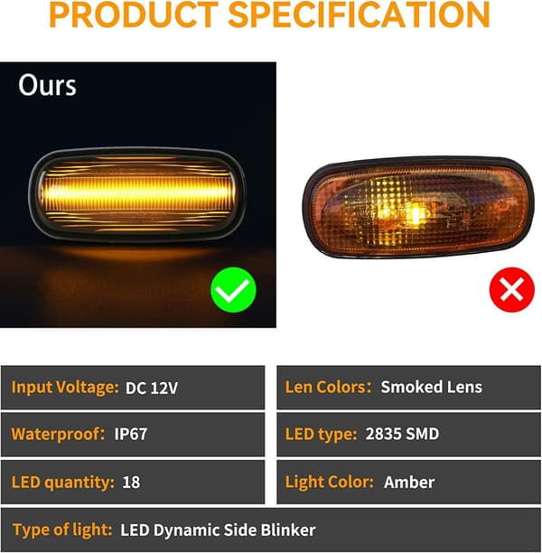 Sideblinklys LED | Land Rover Discovery 2, Defender, Freelander 1 | Smoke | Dynamisk
