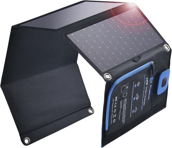 Solcellsladdare 28W | 4 paneler | 2 USB-portar | amperemeter | hopfällbar
