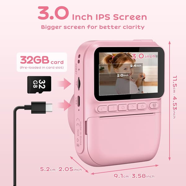 Digitalfoton kamera | rosa | direktutskrift | 3-tums display
