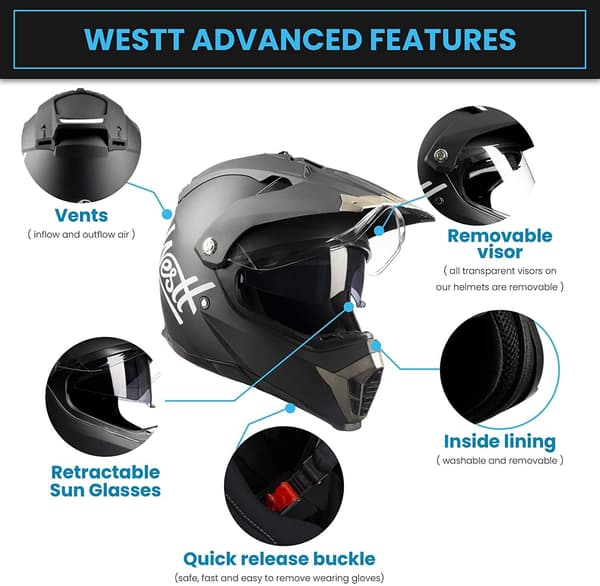 Crosshjelm MC sort | dobbelt visir | off-road | integreret solvisir
