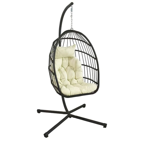 Hængefodstol sort | Beige puder | Foldbar konstruktion | Stålramme
