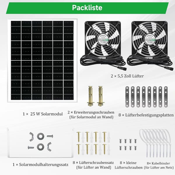Solpanelsfläkt 25W | 2 vattentäta fläktar 5.5 tum | solcellsdriven ventilation