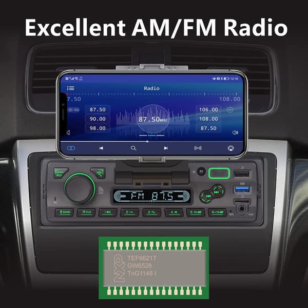 Bilradio 1-DIN med Bluetooth | Sort | App-styring | Telefonholder