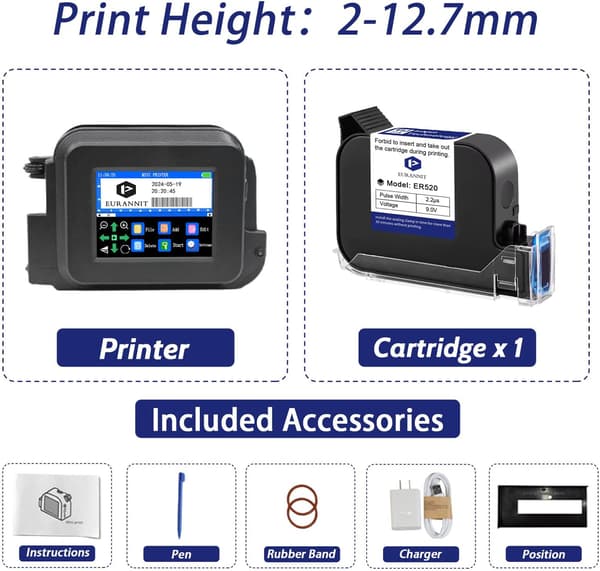 Inkjet-printer 12,7 mm | håndholdt | QR-kode | dato | 42 ml sort hurtigtørrende blæk