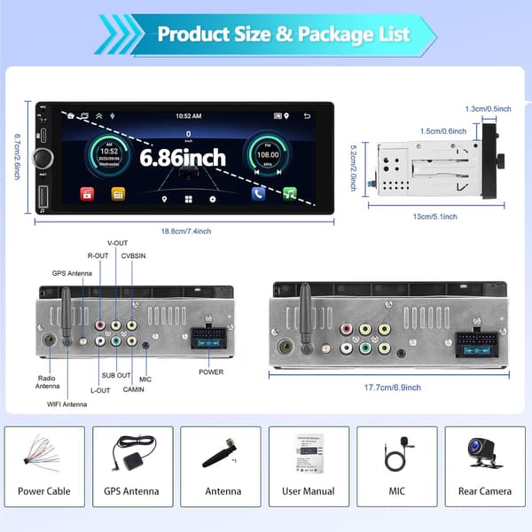 Multimedieafspiller bil | 6,86-tommer display | 1-DIN | Android 13 | CarPlay | Android Auto