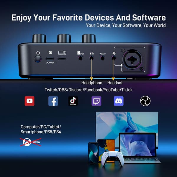 PC-mixer streaming | XLR-lydkort | 48V fantomstrøm | kompakt model