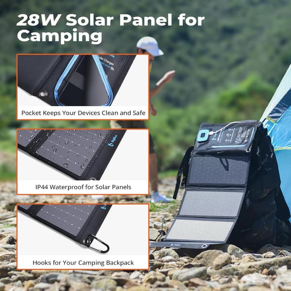 Solcellsladdare 28W | 4 paneler | 2 USB-portar | amperemeter | hopfällbar