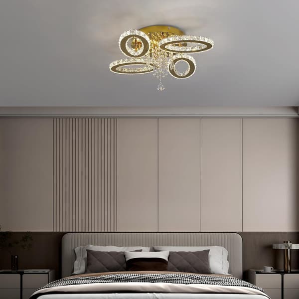 Loftlampe LED 52cm | 4 krystal-ovaler | Guld | Rustfrit stål