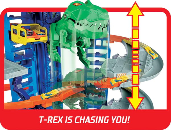 Barnrummets bilgarage | 90 cm högt | T-Rex attack | plats för 100+ fordon
