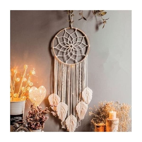 Macrame Dream Catcher Blomma och hängande löv Drömfångare