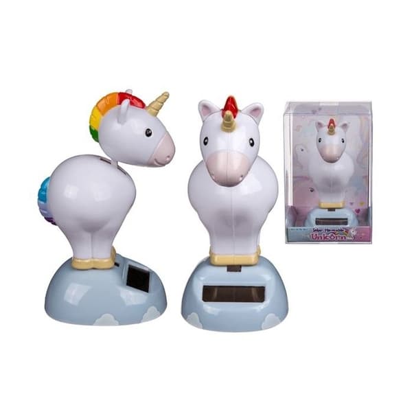 Animerad sol-enhörningsfigur som nickar med huvudet