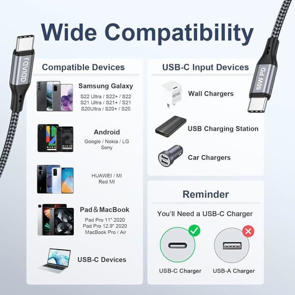 KALANKA USB-C–USB-C-kaapeli 60W PD 3A 480 Mbps nylonpunos (3 kpl)