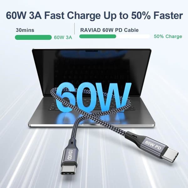 KALANKA USB-C–USB-C-kaapeli 60W PD 3A 480 Mbps nylonpunos (3 kpl)