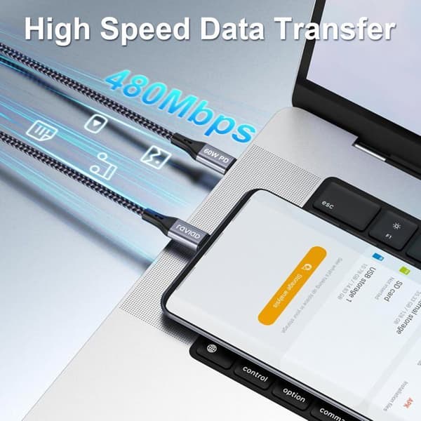 KALANKA USB-C–USB-C-kaapeli 60W PD 3A 480 Mbps nylonpunos (3 kpl)