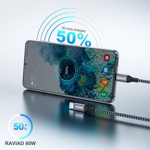 KALANKA USB-C–USB-C-kaapeli 60W PD 3A 480 Mbps nylonpunos (3 kpl)