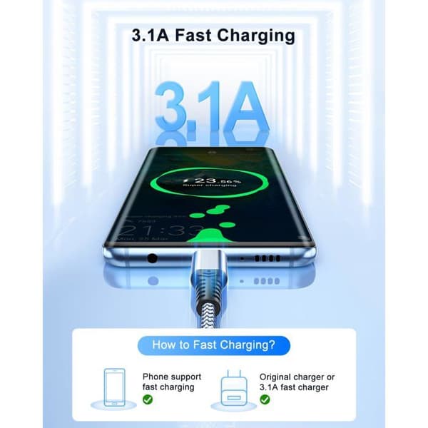TRAHOO USB-A till USB-C kabel 1 m 3,1 A snabbladdning nylonflätad
