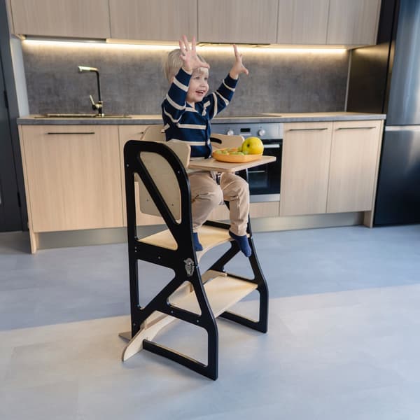 Transformable Kitchen Tower Securestep och tilläggsset för barnstol, svart färg