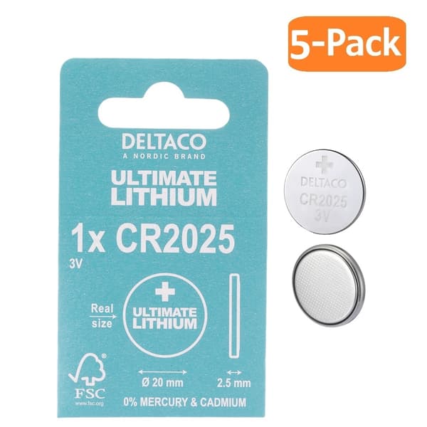 DELTACO 5-Pack CR2025 Ultimate Batteri 3V Lithium, Knappcellsbatteri
