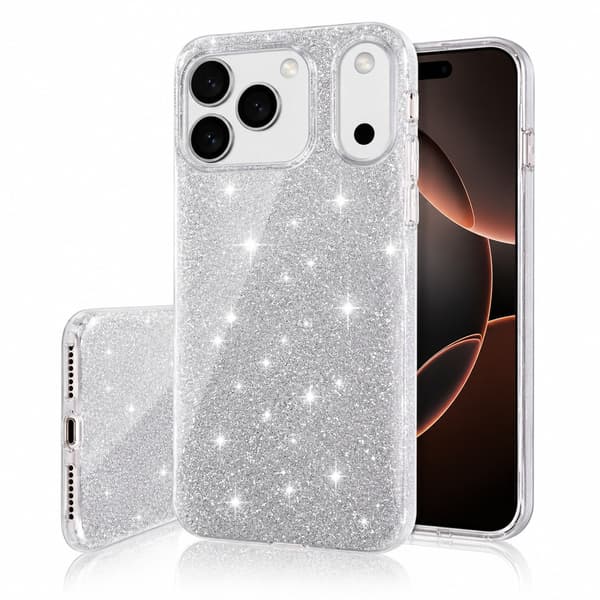Cover til iPhone 18 Pro Max / iPhone 17 Pro Max - 3i1 Glitter Elegant Blød Sølv