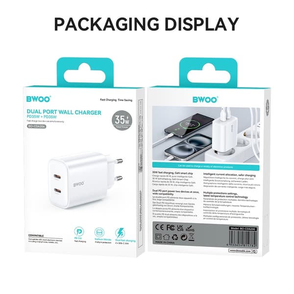 Hurtiglader til iPhone / Samsung QC 35W PD 2XUSB-C Væglader