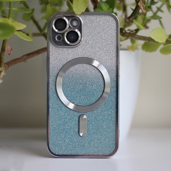 iPhone 15 Plus - MagSafe 2in1 Glitter / Transparent Chrome -kuori, hopea