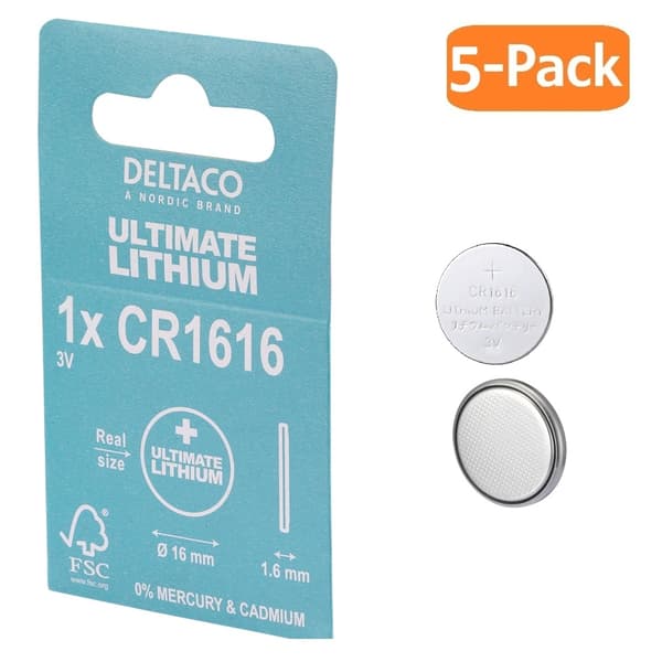 DELTACO CR1616 3V Lithium Knapcellebatteri – 5-pak