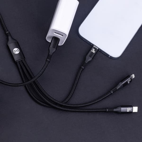 Forever 3-i-1 Kabel USB-C til Lightning + 2x USB-C 1,2 m 60W – Hurtigopladning, Sort