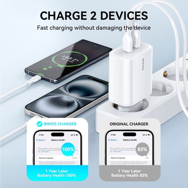 Hurtiglader til iPhone / Samsung QC 35W PD 2XUSB-C Væglader