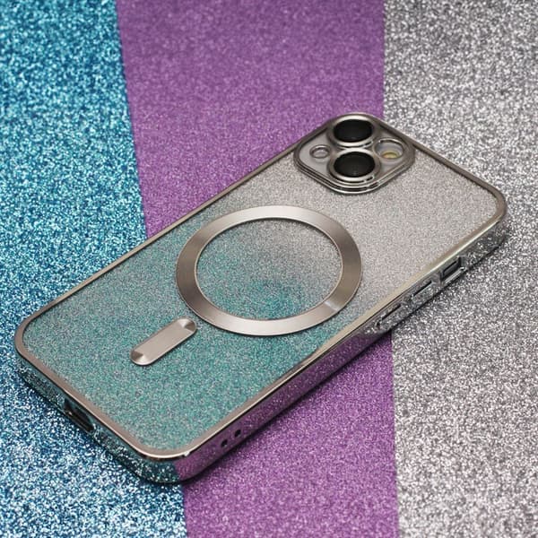iPhone 15 Plus - MagSafe 2in1 Glitter / Transparent Chrome -kuori, hopea