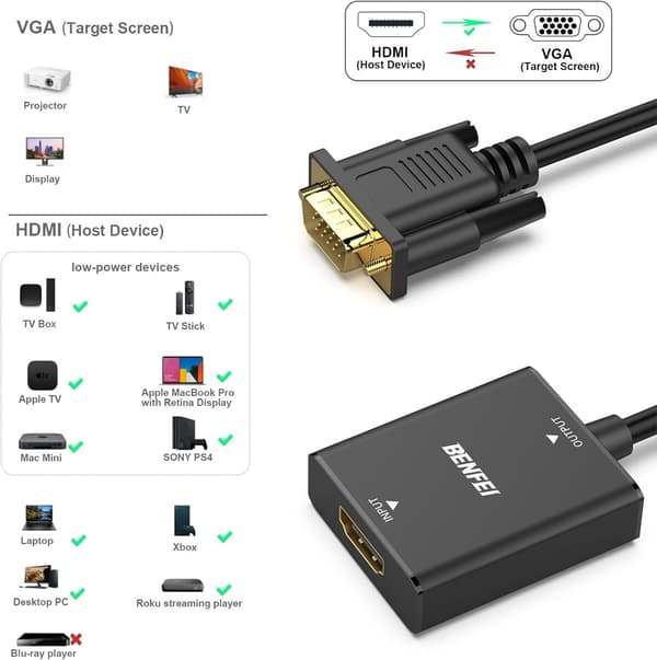BENFEI HDMI–VGA-sovitin Full HD 1080P 3,5 mm äänilähdöllä – musta