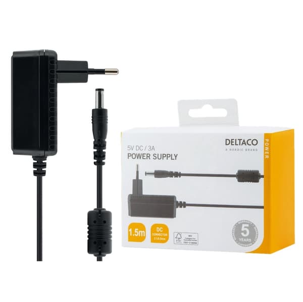 DELTACO 5V 3A AC Adapter 1.5m – DC 5.5x2.1mm Strømadapter – Sort