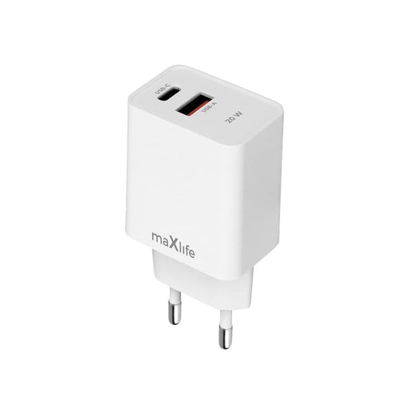 Maxlife 20W Hurtigoplader PD/QC – USB-C & USB-A | iPhone, Samsung, Android | Hvid