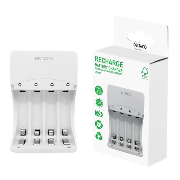 DELTACO USB Batterioplader AA/AAA – NiMH Oplader med USB-C (4 Pladser)