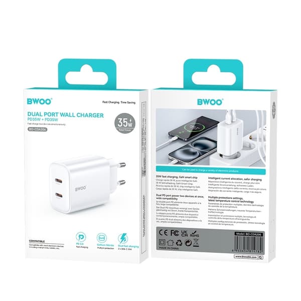 Hurtiglader til iPhone / Samsung QC 35W PD 2XUSB-C Væglader