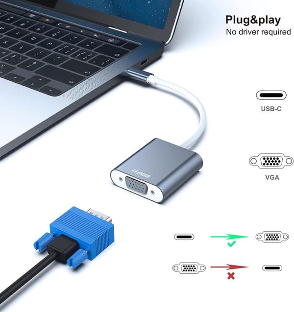 BENFEI USB-C til VGA-adapter Full HD 1080P til bærbar computer, MacBook, skærm & projektor – grå