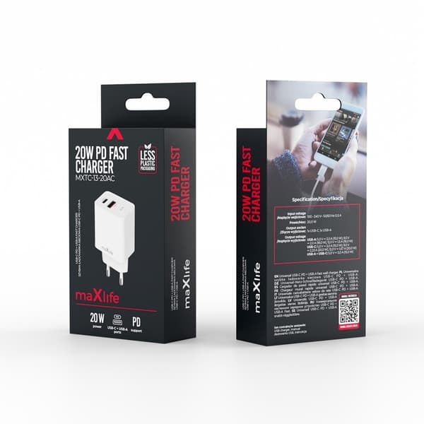Maxlife 20W Hurtigoplader PD/QC – USB-C & USB-A | iPhone, Samsung, Android | Hvid