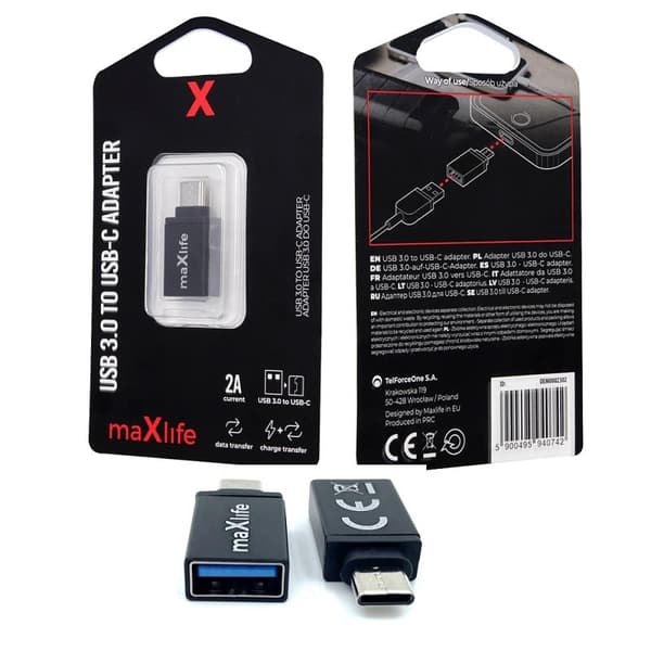 Maxlife USB 3.0 til USB-C Adapter OTG – Hurtig Dataoverførsel & Opladning 2A