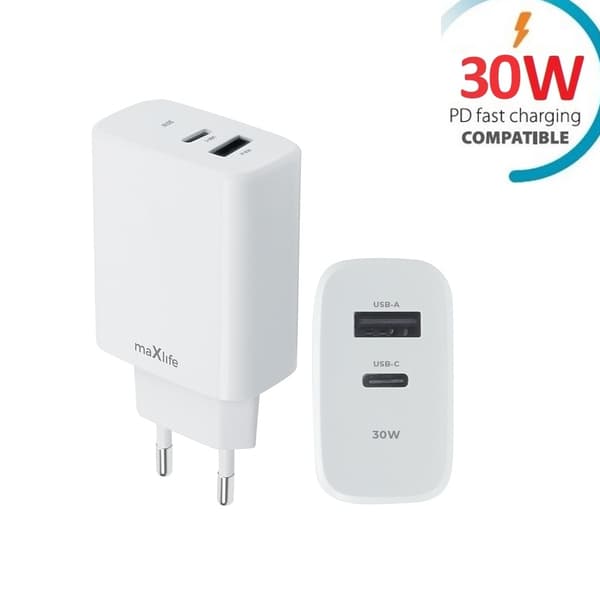 30W Hurtigoplader til iPhone / Samsung PD, QC Dual Port USB-C