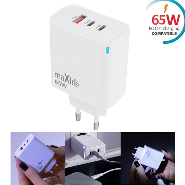 65W Hurtigoplader PD Dual 2XUSB-C / USB til iPhone, Samsung, iPad