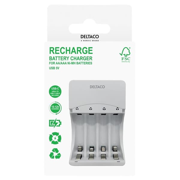 DELTACO USB Batterioplader AA/AAA – NiMH Oplader med USB-C (4 Pladser)