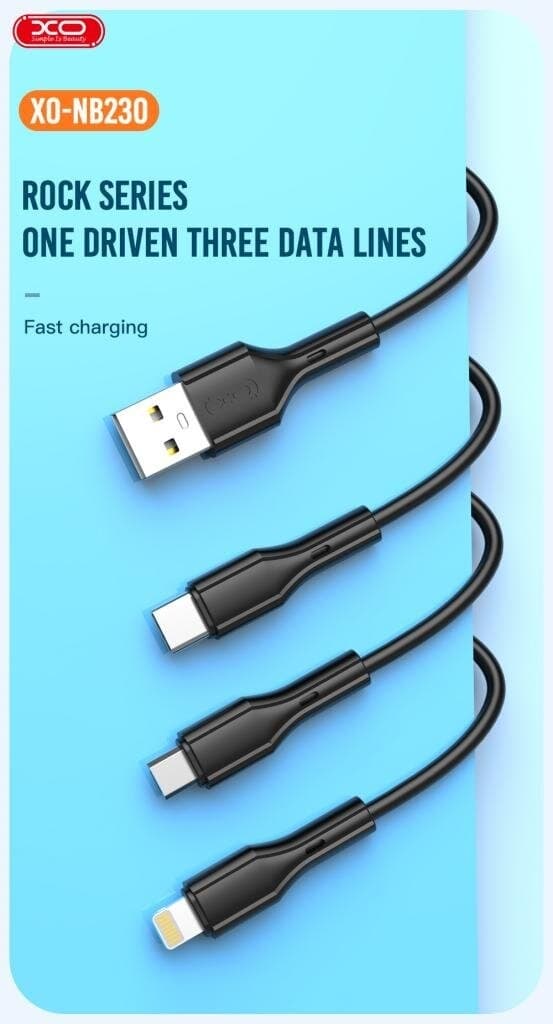 3-i-1 USB Laddkabel 1m 3A – Lightning, USB-C & Micro USB | XO NB230