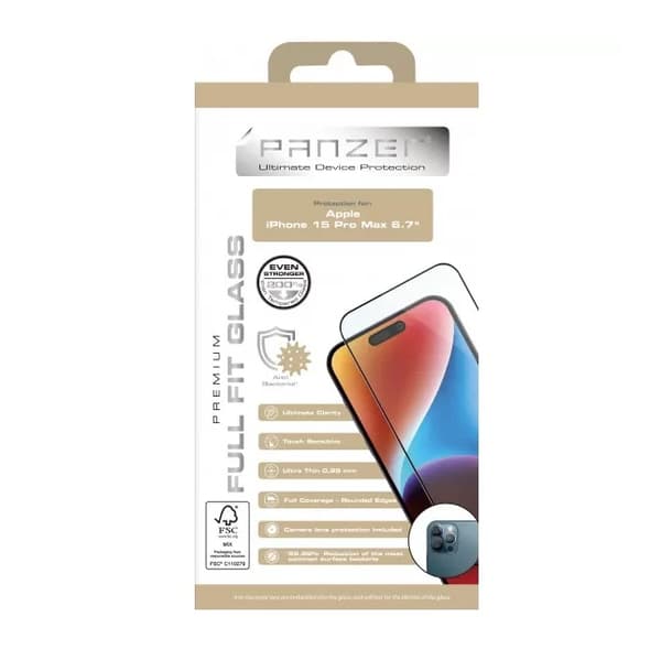 PANZER® Näytönsuoja iPhone 15 Pro Maxille – Premium Silicate Full-Fit Lasi 9H