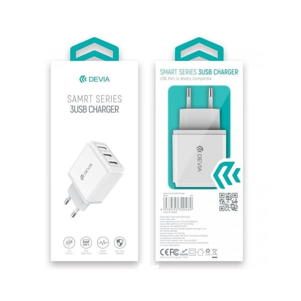 3xUSB 3.4A Pikalaturi Seinälaturi – iPhone, Samsung & Android (Valkoinen)
